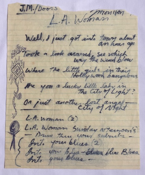 Image for JIM MORRISON ORIGINAL HAND WRITTEN LYRICS LA WOMAN