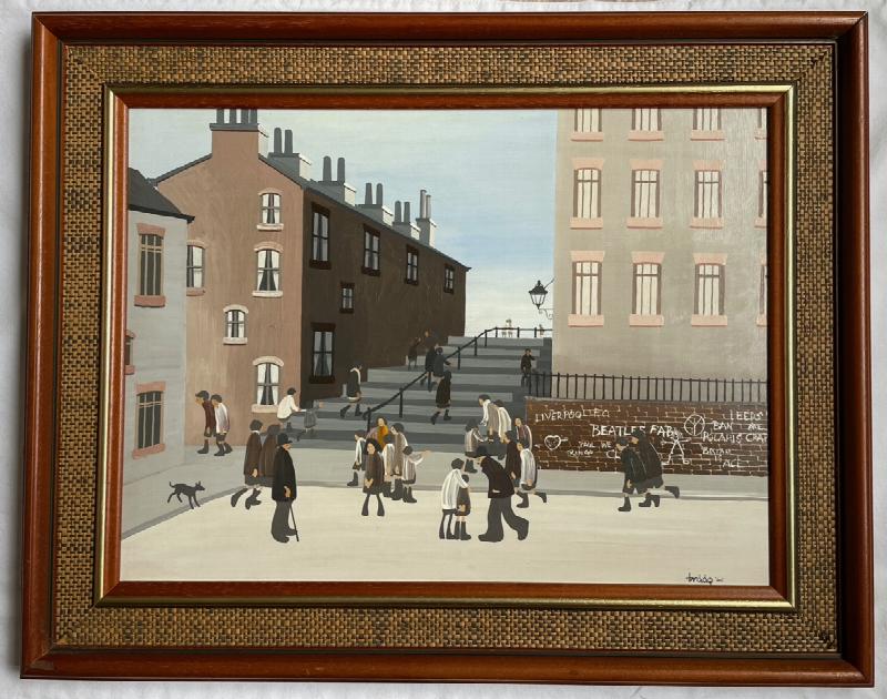 Image for Town Scene with Liverpool Leeds and Beatles related wall Graffiti ORIGINAL BRAAQ OIL PAINTING