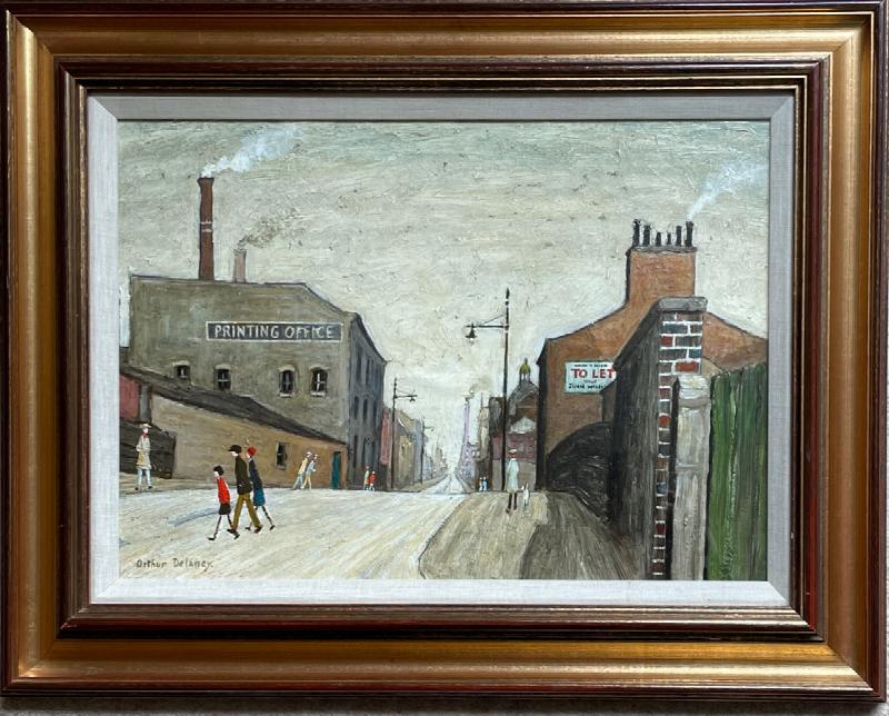 Image for Northern Street scene with Lowry Figures and buildings ORIGINAL OIL PAINTING