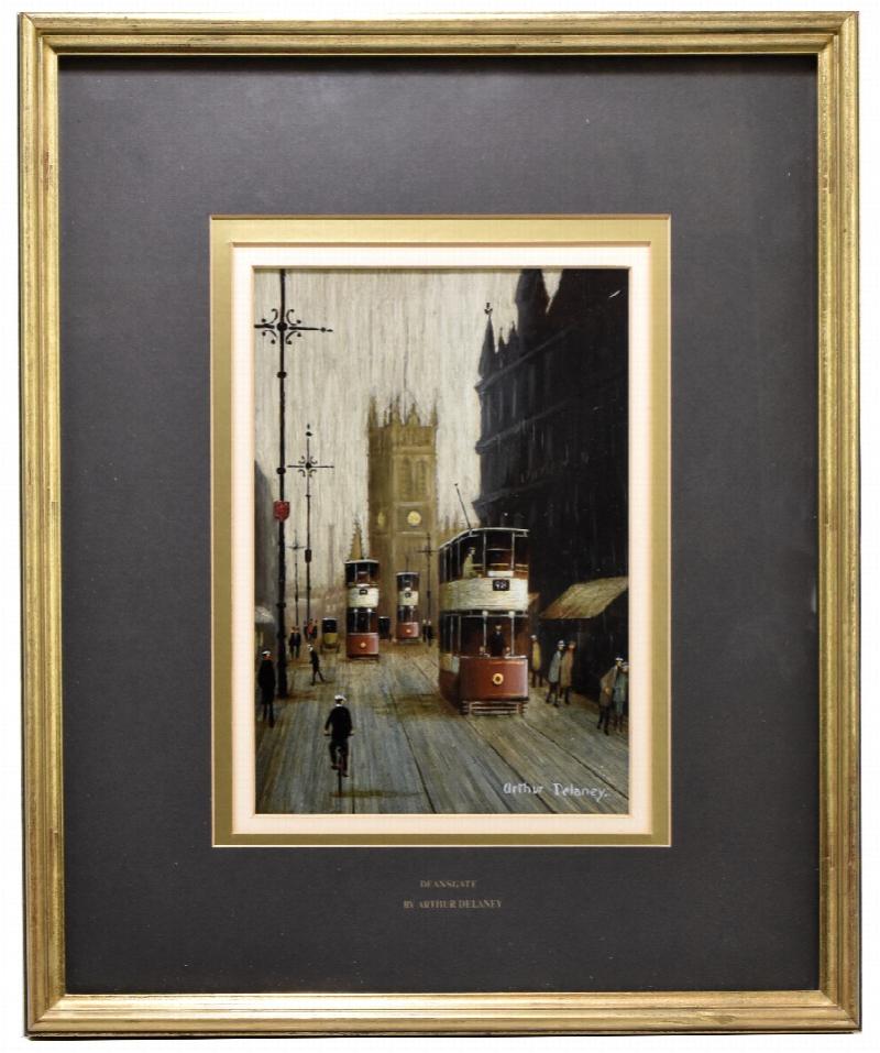 Image for Deansgate, Manchester Tram scene with St John's Church and Lowry Figures ORIGINAL OIL PAINTING