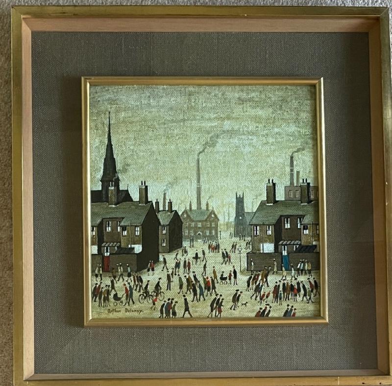 Image for Northern Street scene with Lowry Figures and buildings ORIGINAL OIL PAINTING
