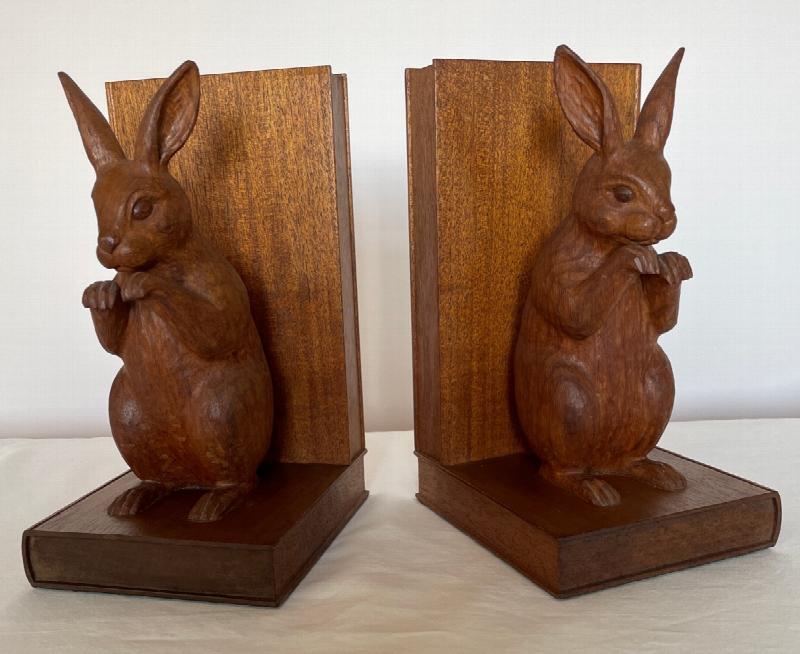 Image for Mouseman Craftsman Stan Dodds 1960s Oak Carved Rabbit Bookends